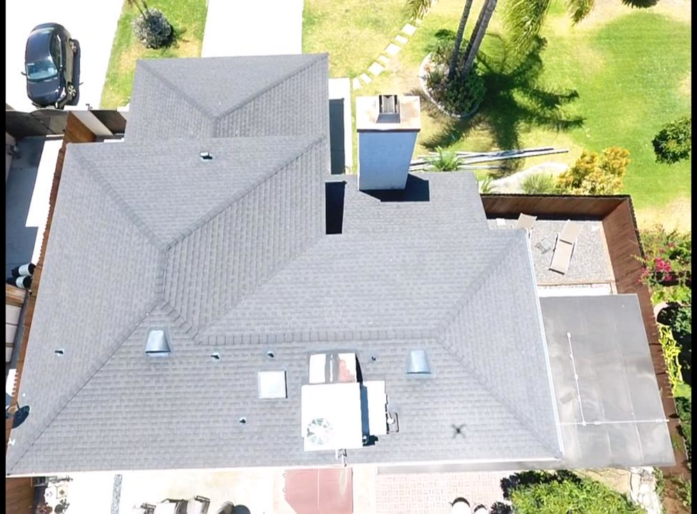 New gray shingle roof aerial